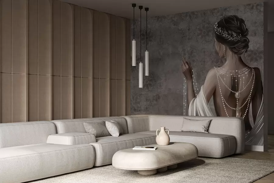 wall murals Woman seen from behind with pearls, gray stone-patterned backdrop w04854