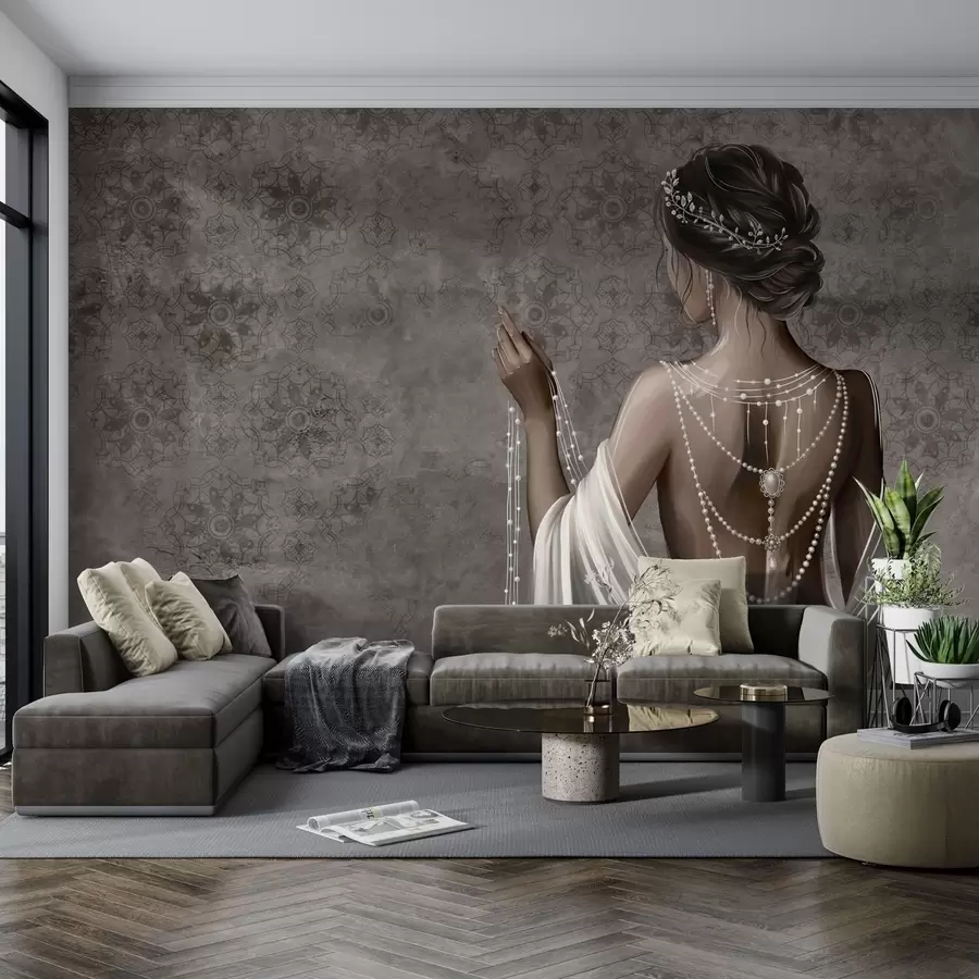 Wall Mural Photo Wallpaper Woman seen from behind with pearls, gray stone-patterned backdrop w04854