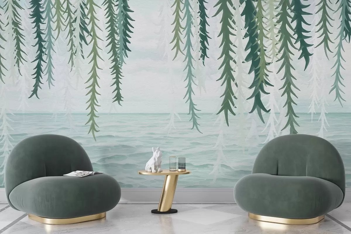 peintures murales Vignes délicates suspendues au-dessus de l'eau, style aquarelle w04830