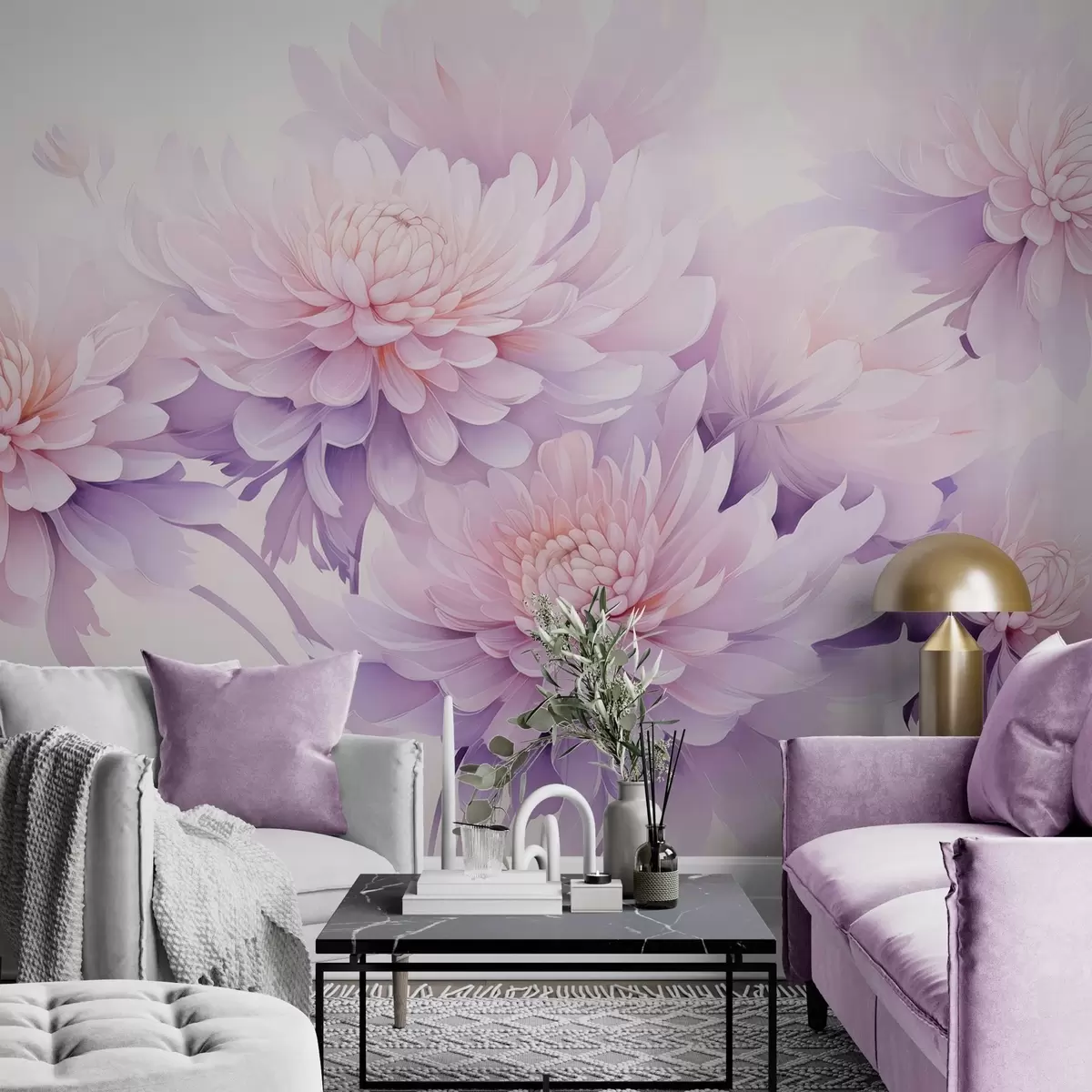 Wall Mural Photo Wallpaper Lush watercolor chrysanthemums on a light background w04832