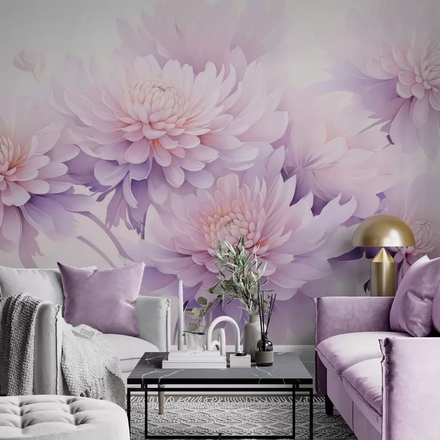 Wall Mural Photo Wallpaper Lush watercolor chrysanthemums on a light background w04832