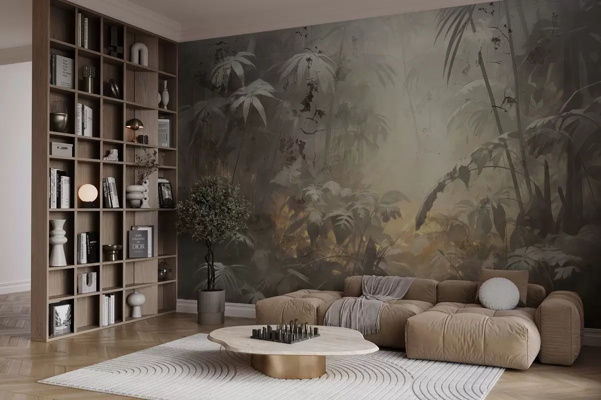wall murals Painted jungle behind a grunge concrete wall w04833