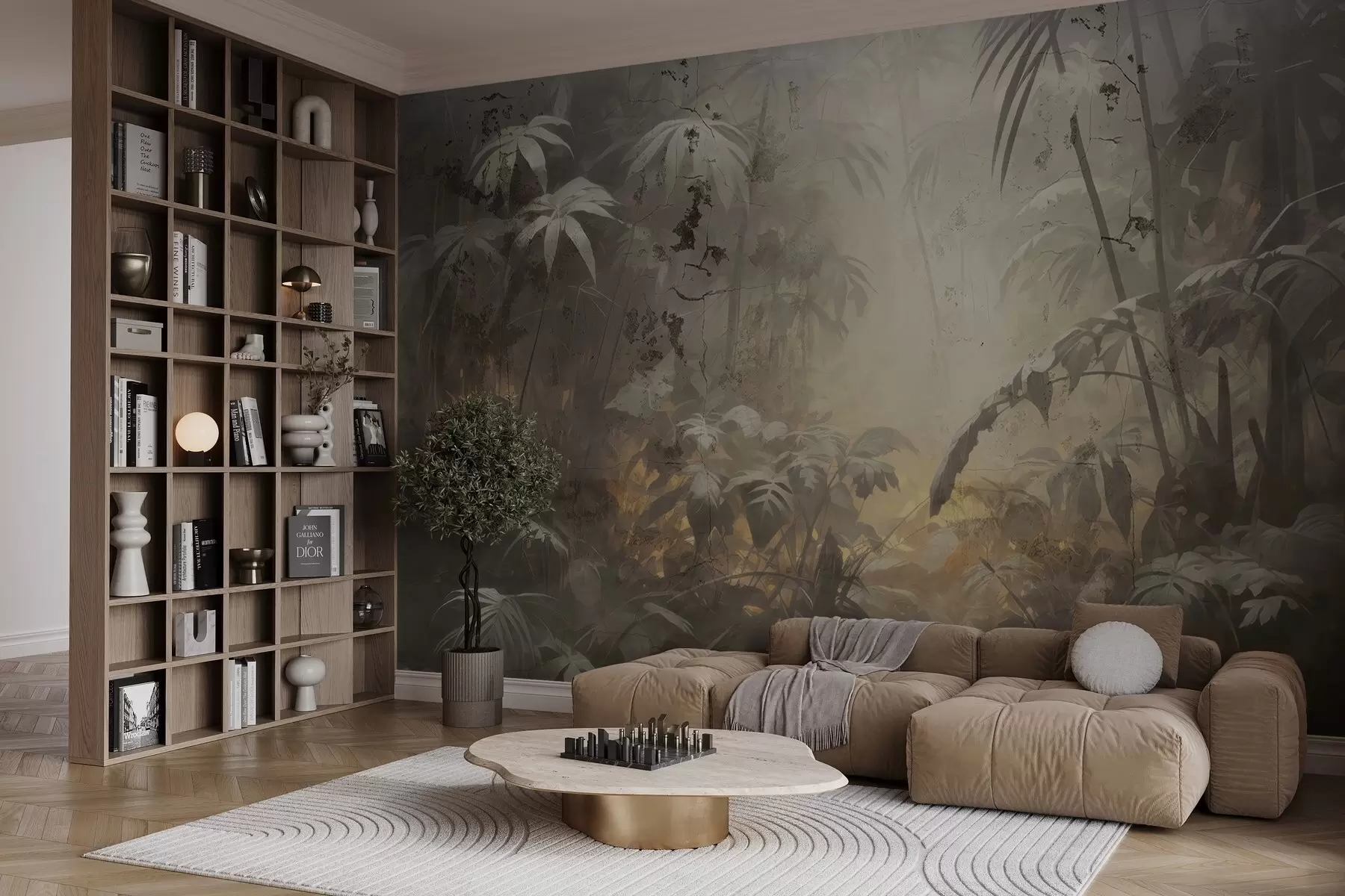 wall murals Painted jungle behind a grunge concrete wall w04833