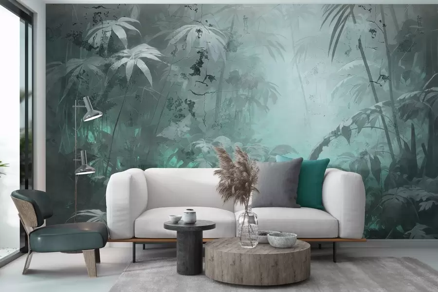 Wall Mural Photo Wallpaper Painted jungle behind a grunge concrete wall w04833v1