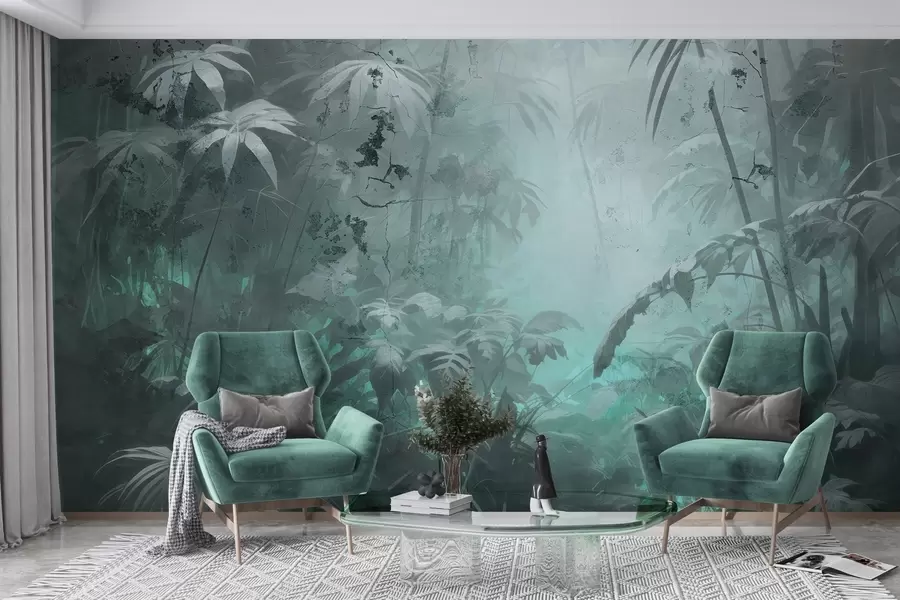 wall murals Painted jungle behind a grunge concrete wall w04833v1