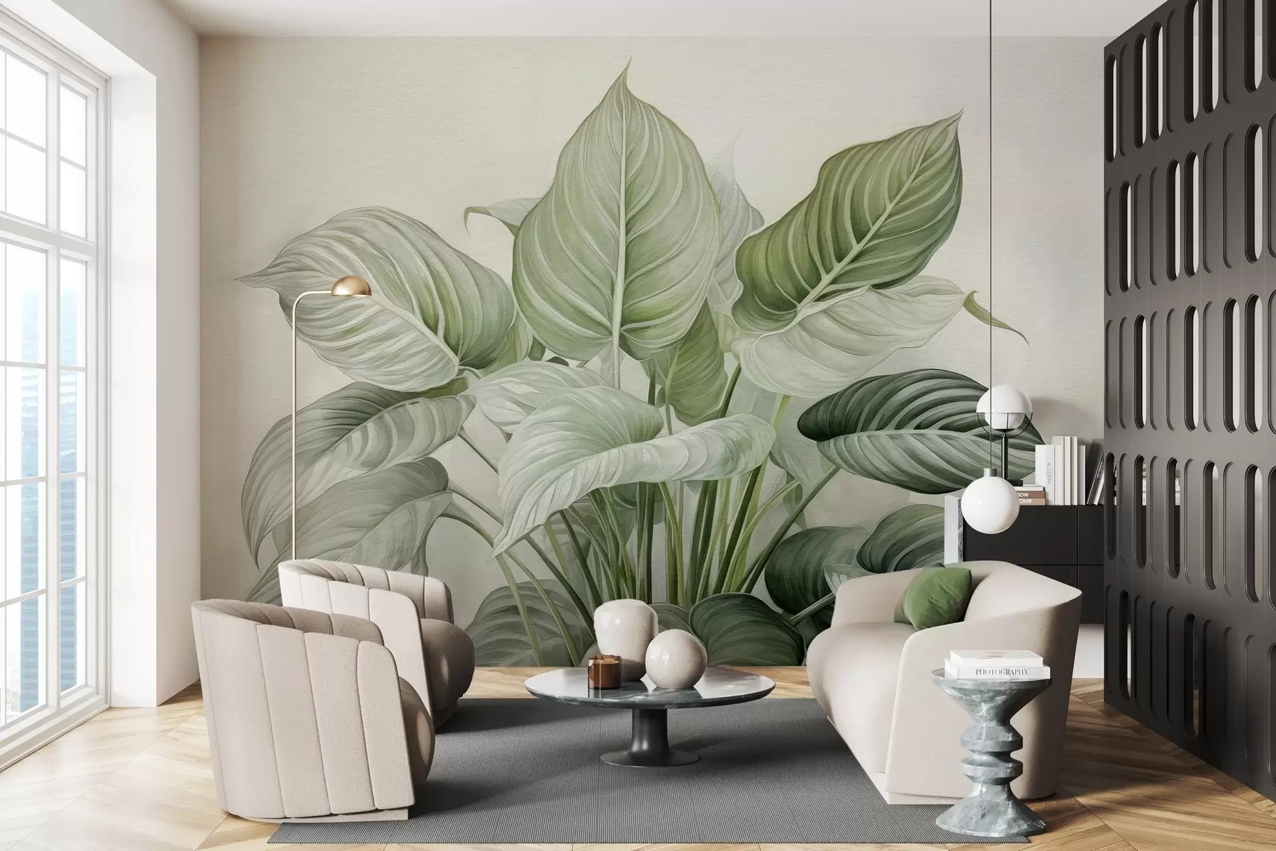 wall murals Lush bush of green leaves on the wall w04835