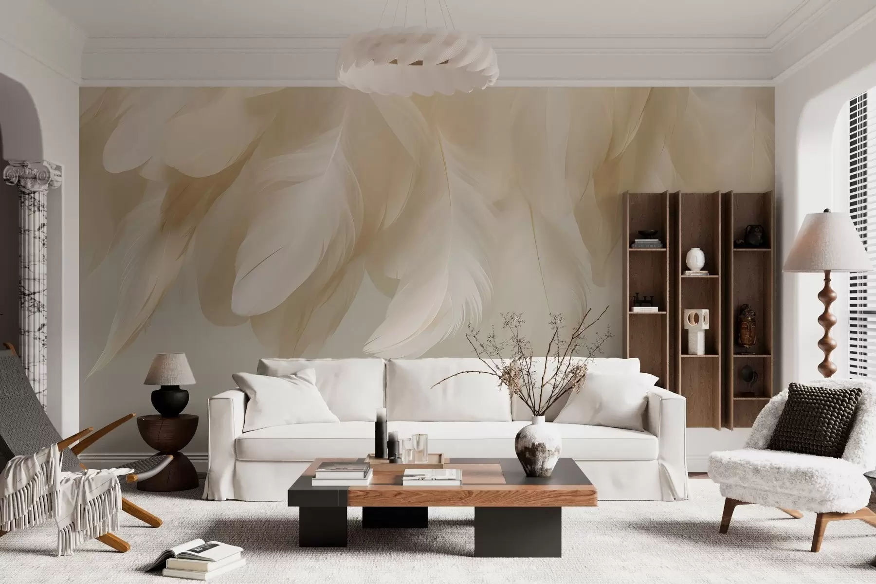 Wall Mural Photo Wallpaper Lush and delicate hanging feathers in soothing tones w04842