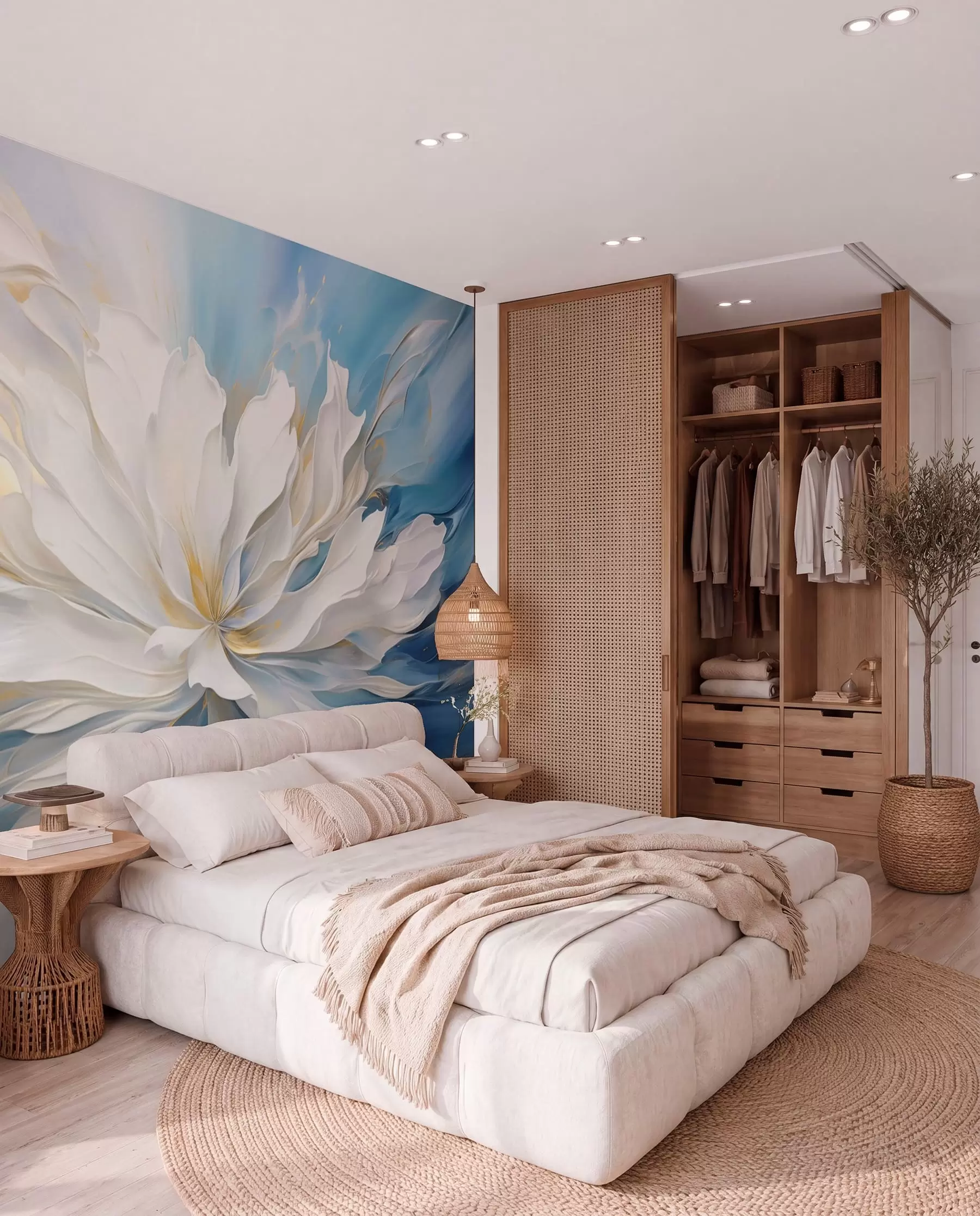 wall murals White Peony in Ocean Blue w09511