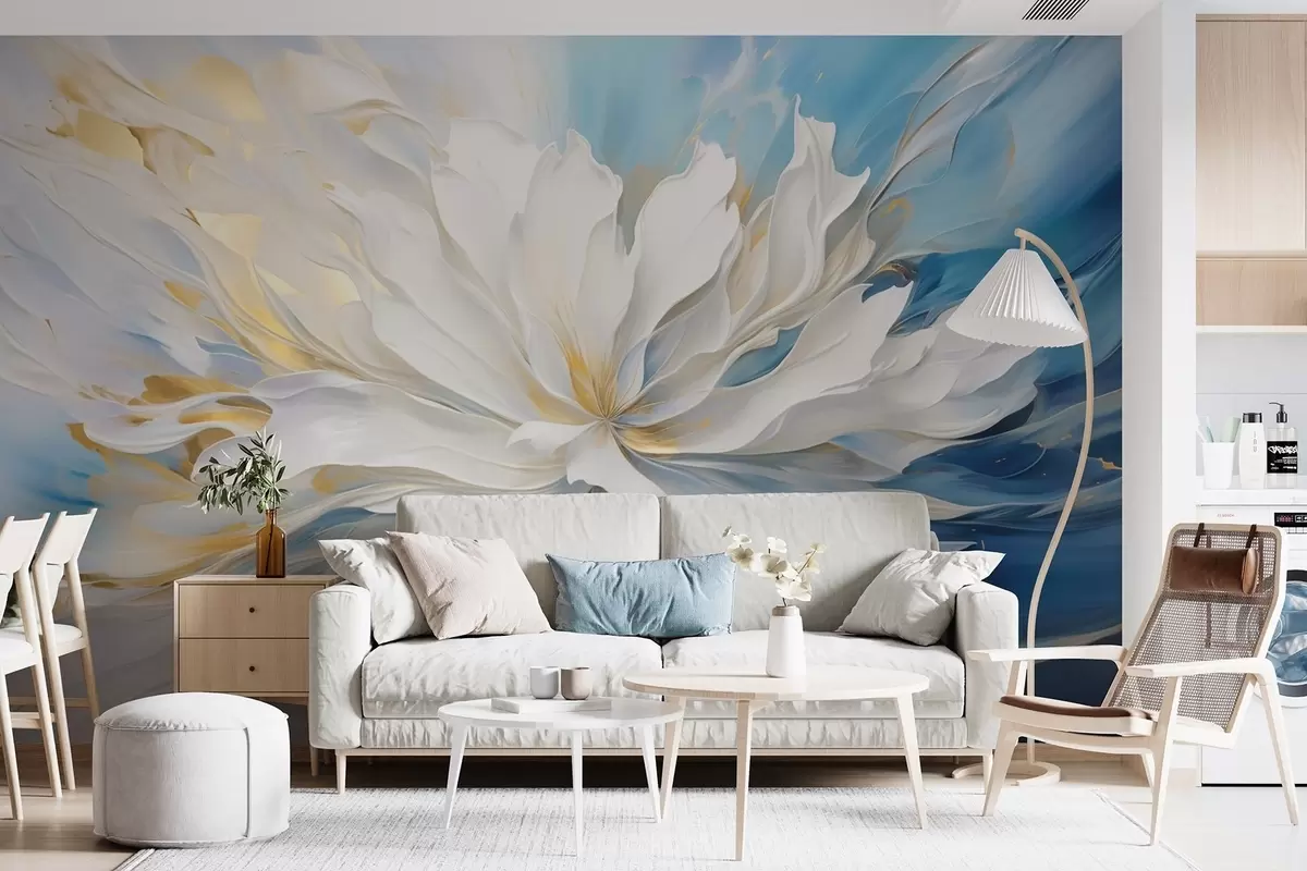 peintures murales Grande pivoine blanche peinte à l'huile sur fond bleu-jaune w09511