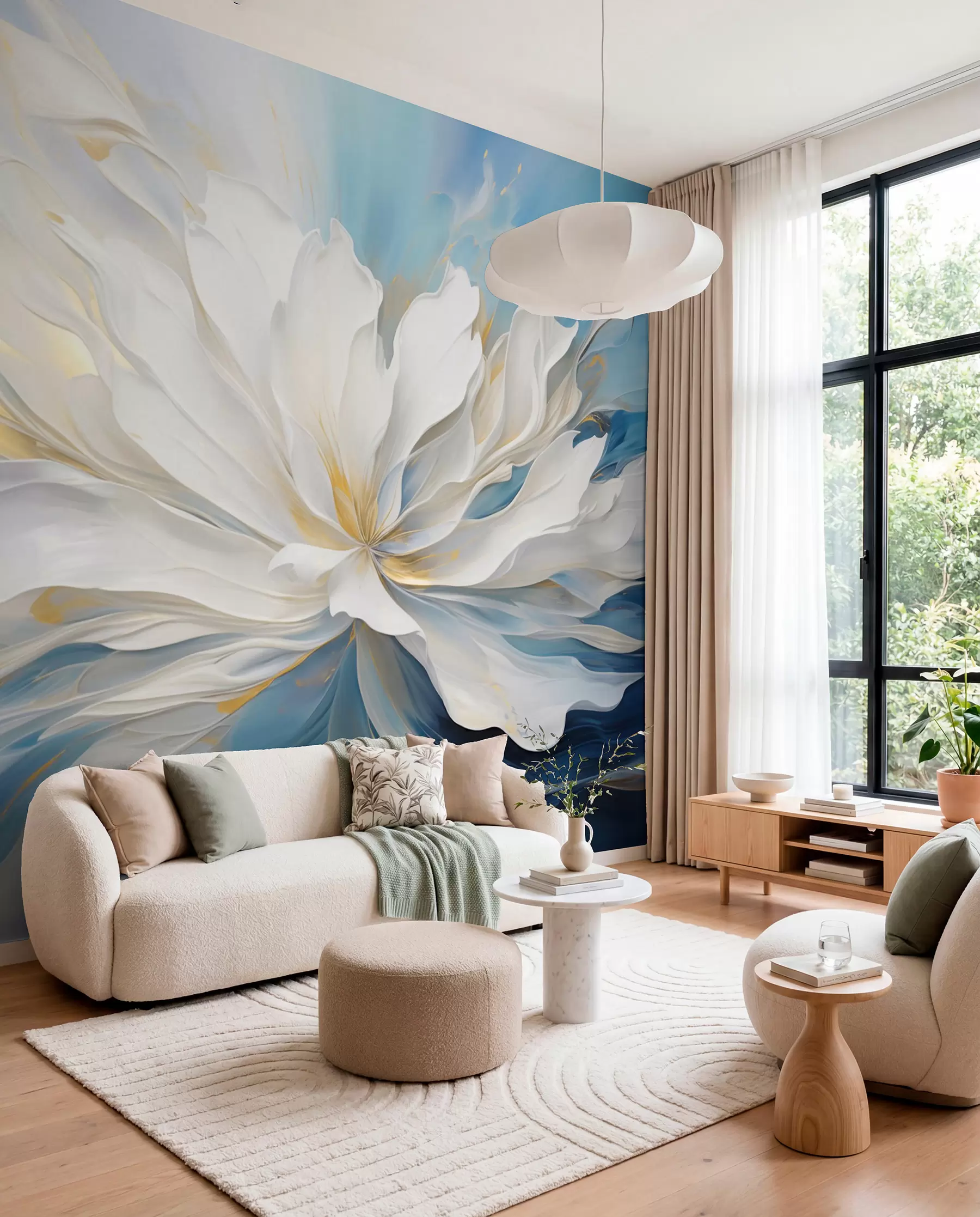 Wall Mural Photo Wallpaper White Peony in Ocean Blue w09511