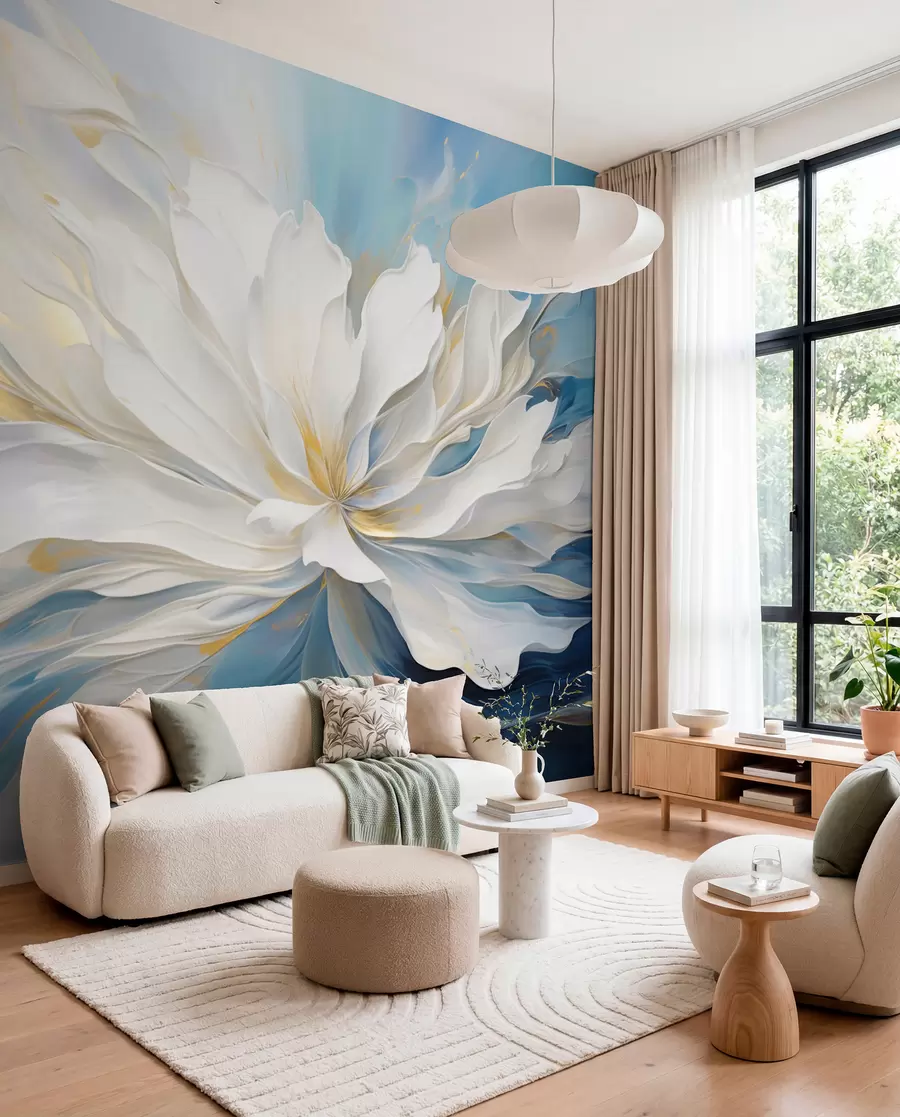 murales Gran peonía blanca en estilo pintura al óleo sobre fondo azul y amarillo w09511
