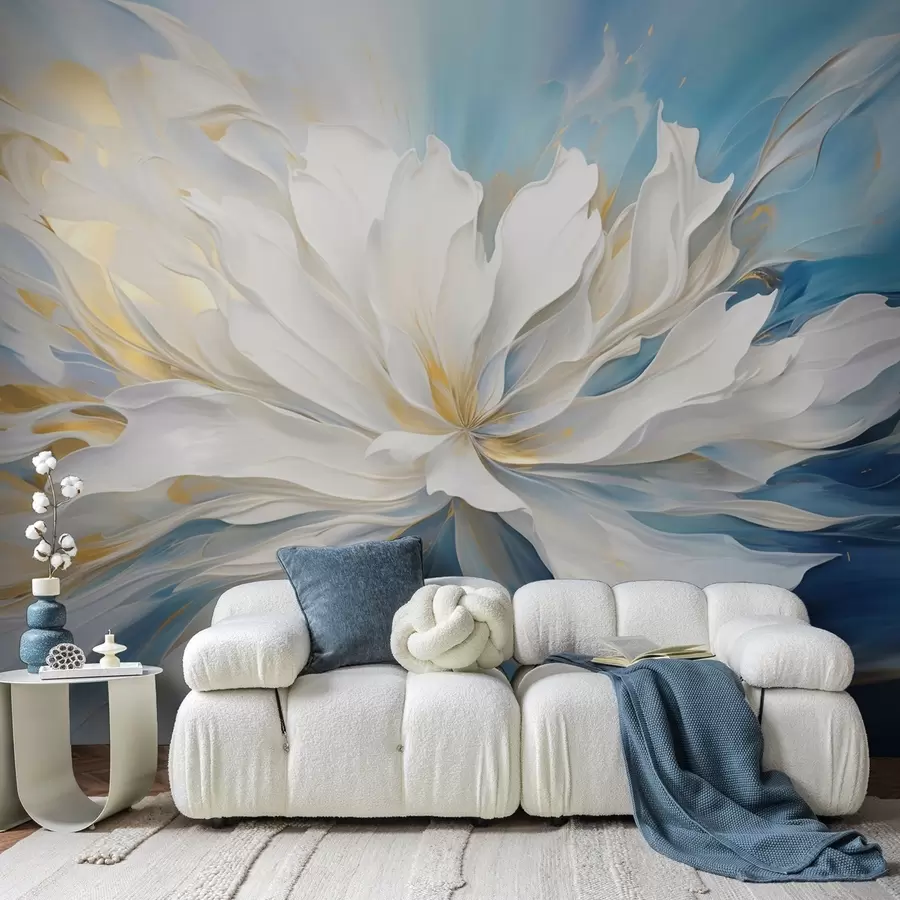peintures murales Grande pivoine blanche peinte à l'huile sur fond bleu-jaune w09511