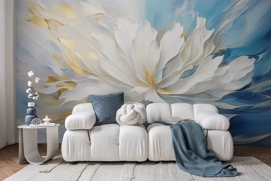 murales Gran peonía blanca en estilo pintura al óleo sobre fondo azul y amarillo w09511