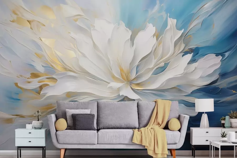 murales Gran peonía blanca en estilo pintura al óleo sobre fondo azul y amarillo w09511