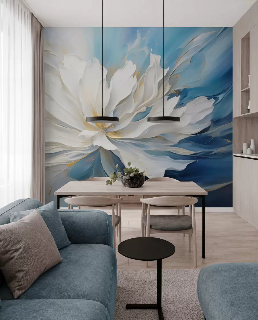 wall murals Large white peony in oil painting style on a blue-yellow background w09511