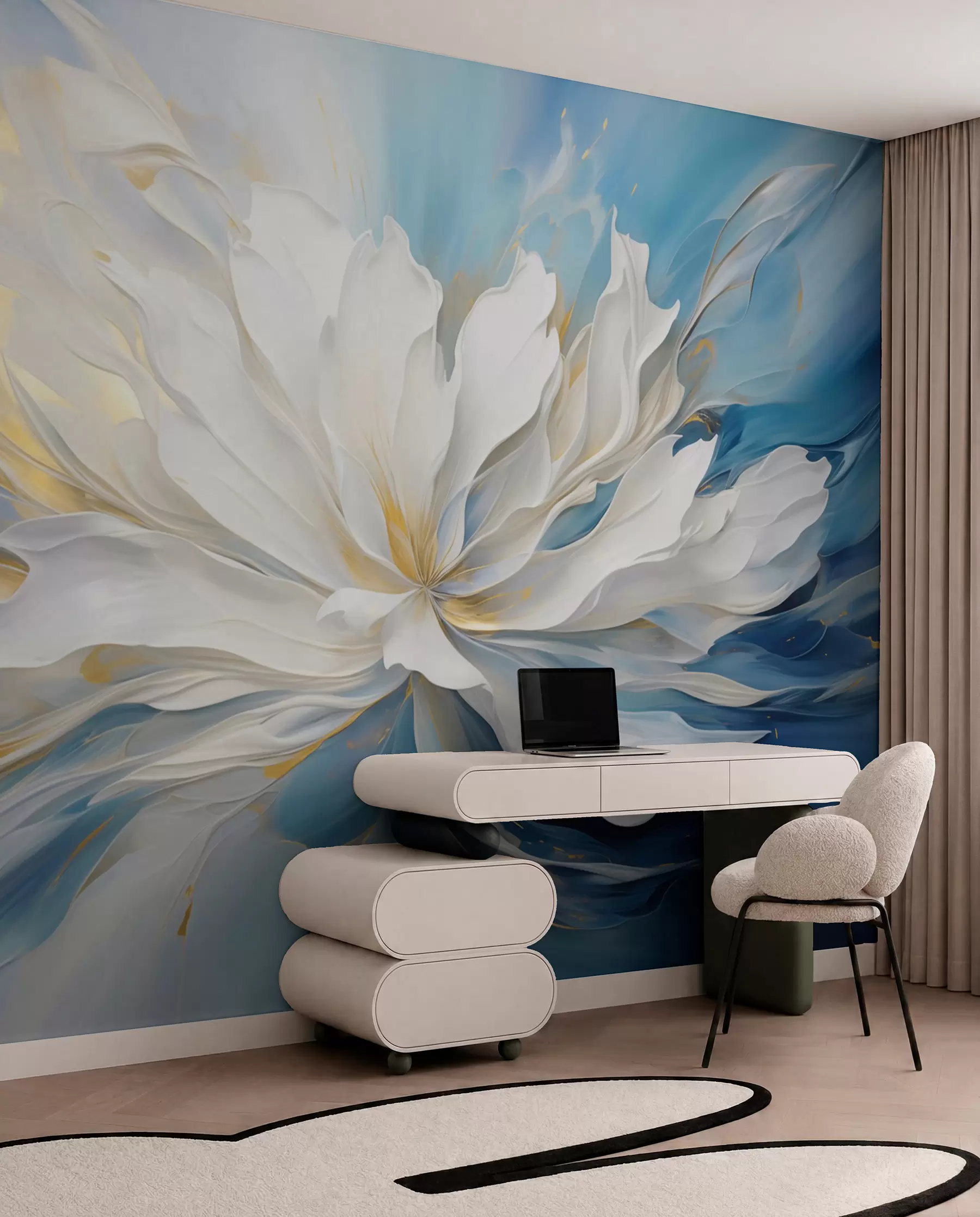 wall murals Large white peony in oil painting style on a blue-yellow background w09511