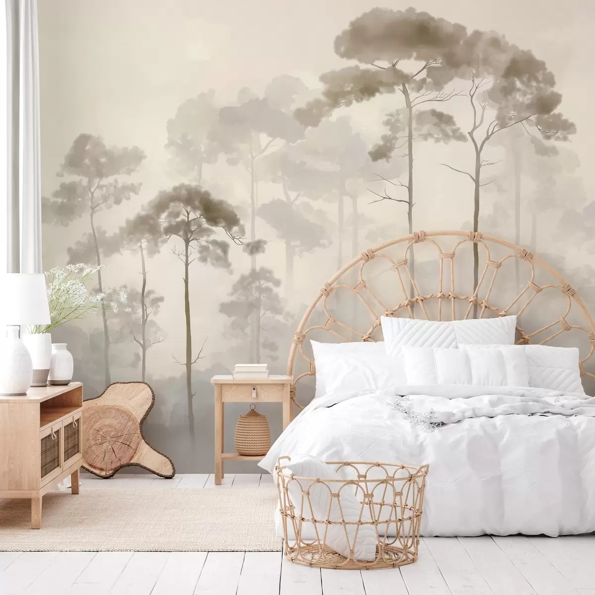 Wall Mural Photo Wallpaper light silhouettes of pine trees in watercolour style w04634
