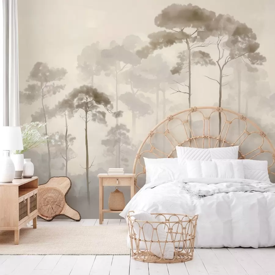 Wall Mural Photo Wallpaper light silhouettes of pine trees in watercolour style w04634