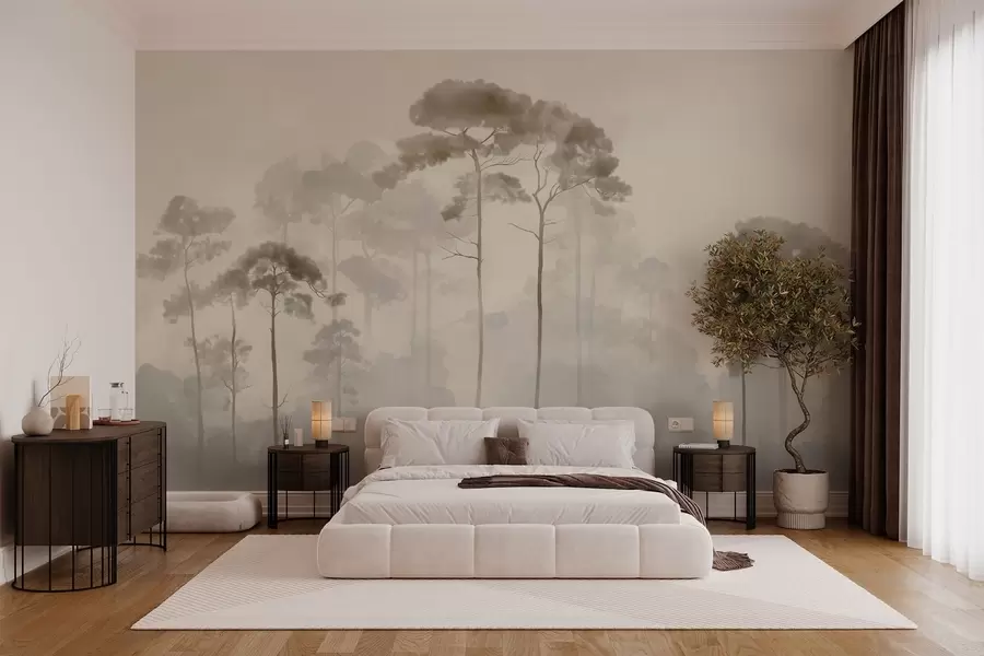 Wall Mural Photo Wallpaper light silhouettes of pine trees in watercolour style w04634