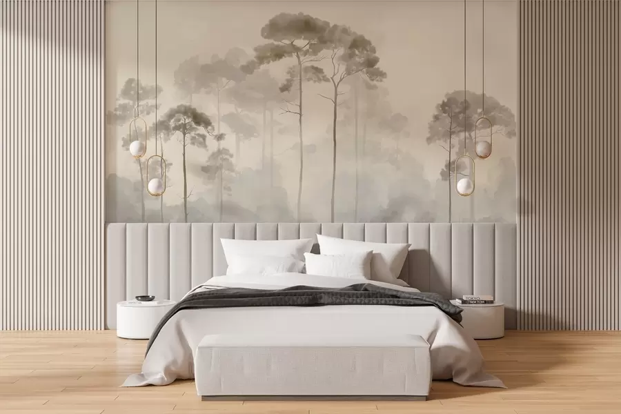 murales siluetas ligeras de pinos en estilo acuarela w04634