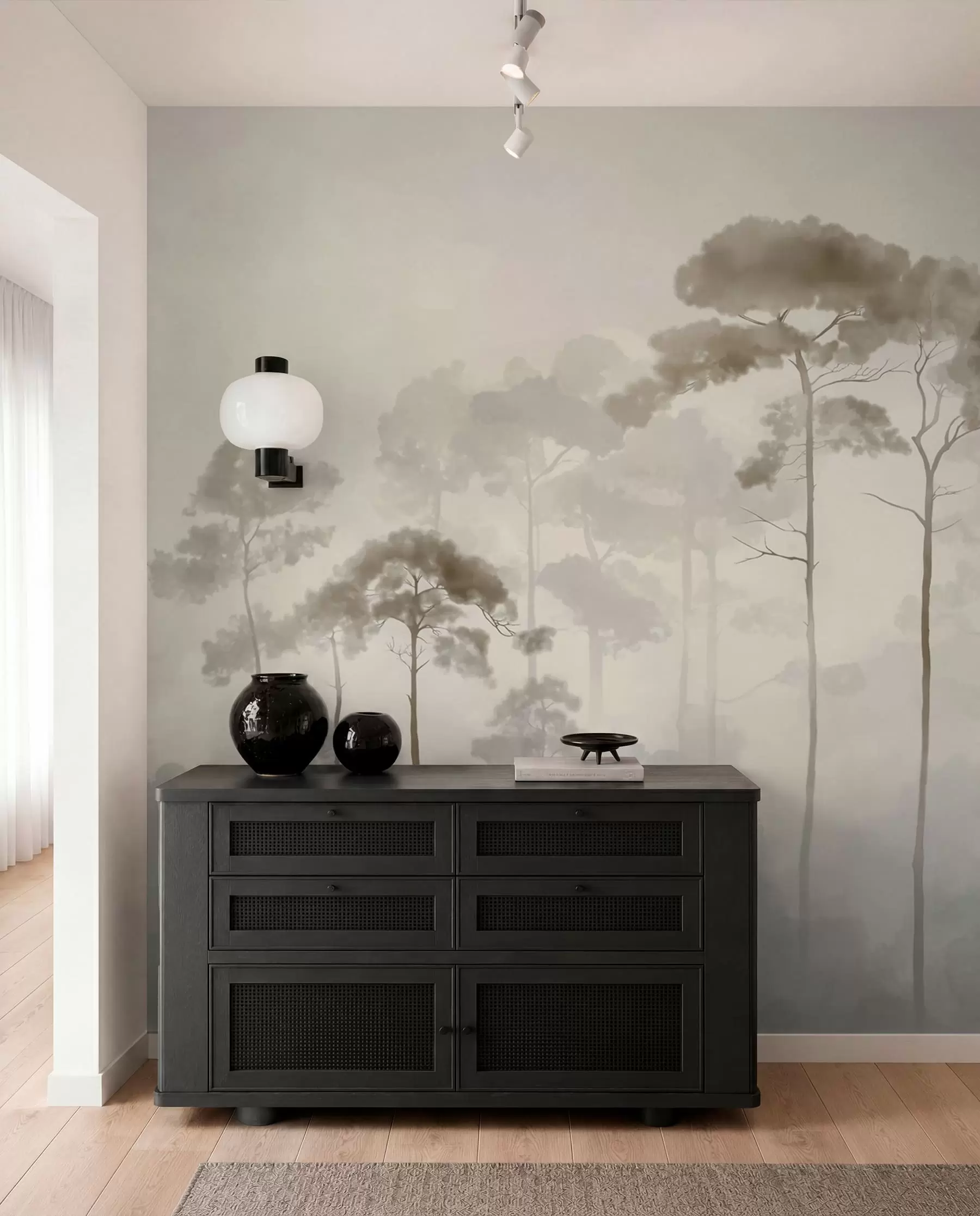 peintures murales silhouettes légères de pins dans un style aquarelle w04634