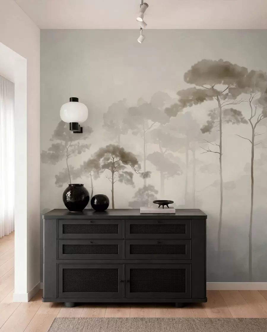peintures murales silhouettes légères de pins dans un style aquarelle w04634