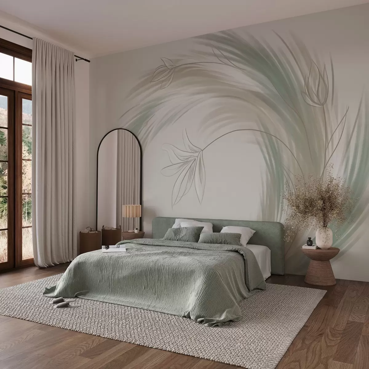 murales Plumas y flores verdes y beige, pintadas a mano. w04816