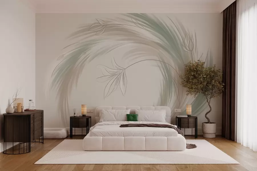 murales Plumas y flores verdes y beige, pintadas a mano w04816