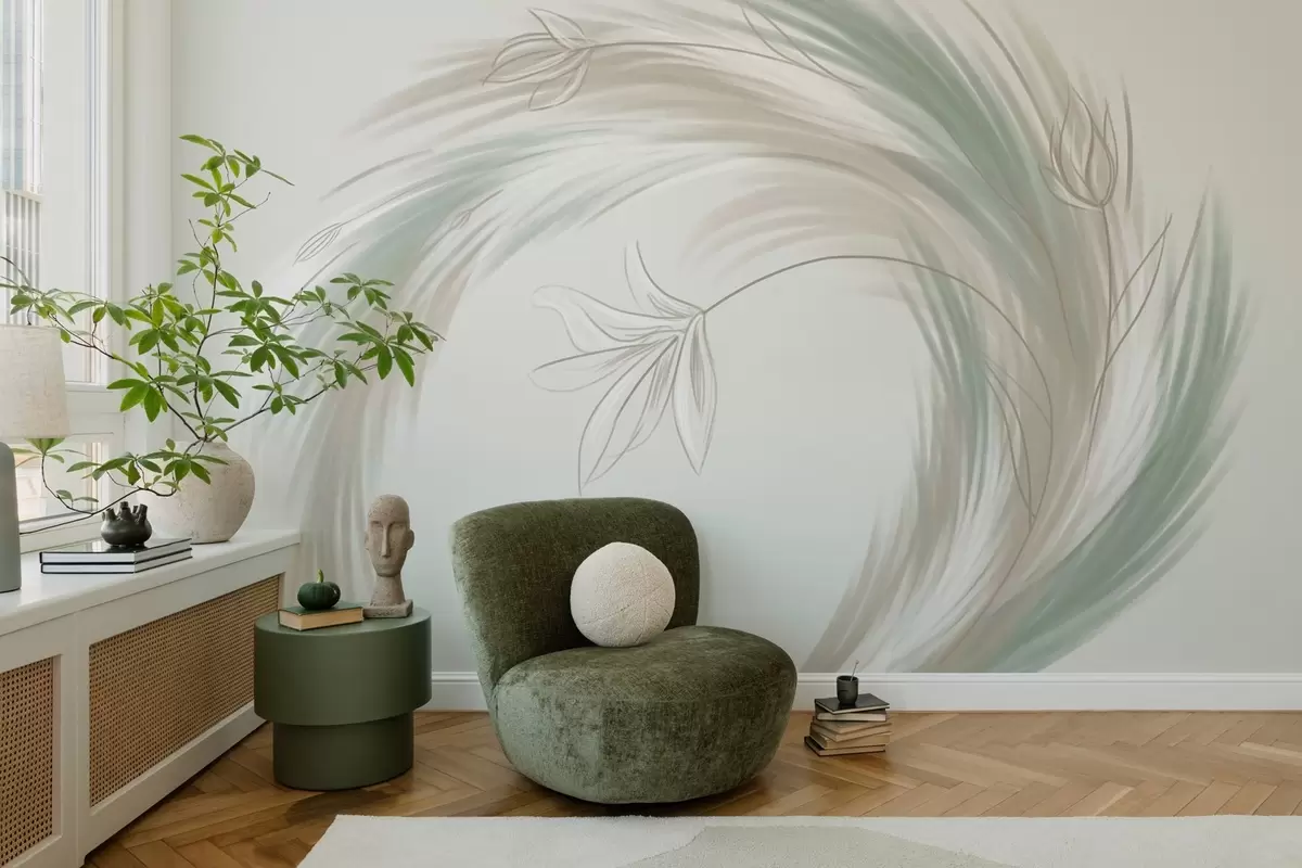 Wall Mural Photo Wallpaper green and beige feathers and flowers, hand-painted w04816