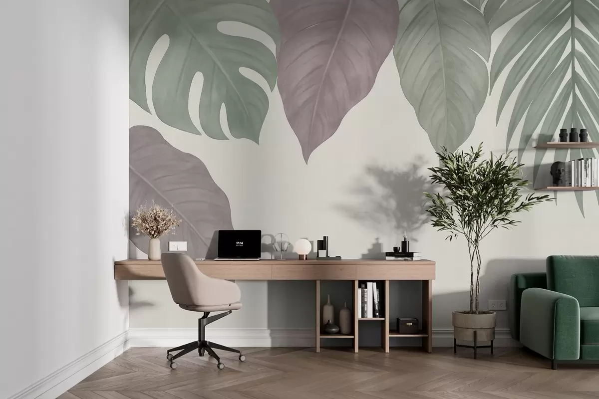 wall murals large tropical leaves in a simple style, from above w04819