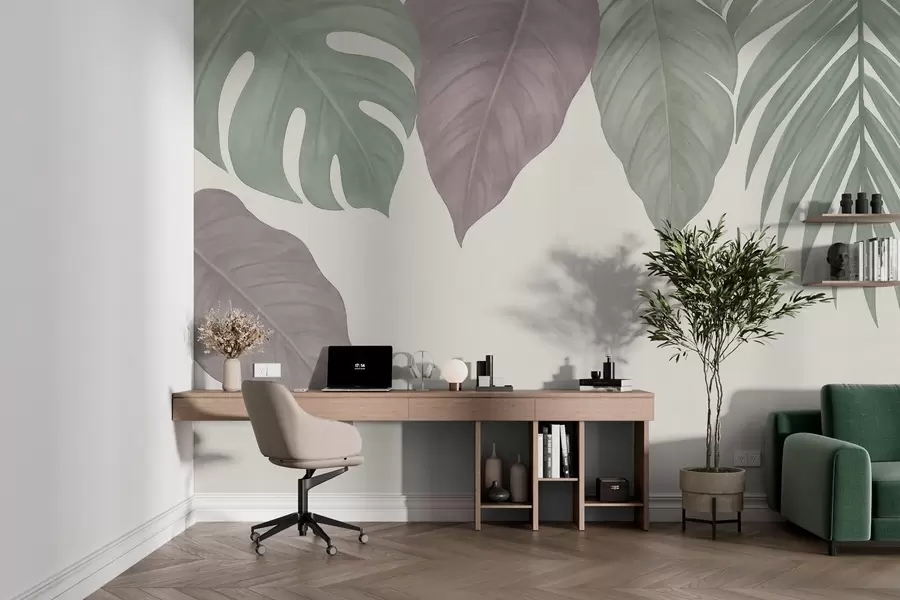 wall murals large tropical leaves in a simple style, from above w04819