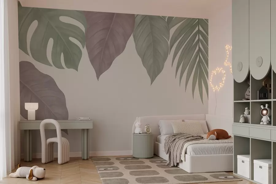 peintures murales grandes feuilles tropicales dans un style simple, vues d'en haut w04819