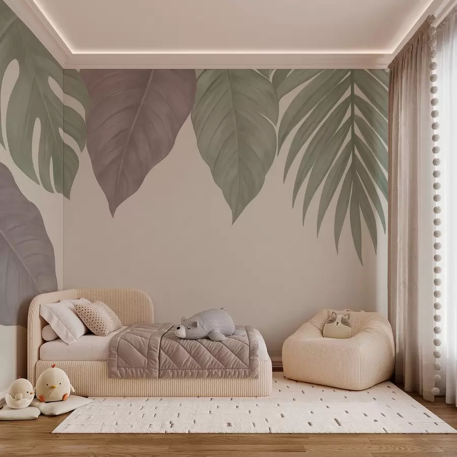 peintures murales grandes feuilles tropicales dans un style simple, vues d'en haut w04819