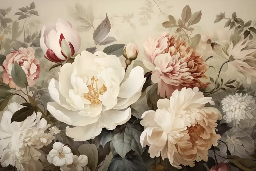 peintures murales Douces pivoines et chrysanthèmes aux teintes pastel w09350