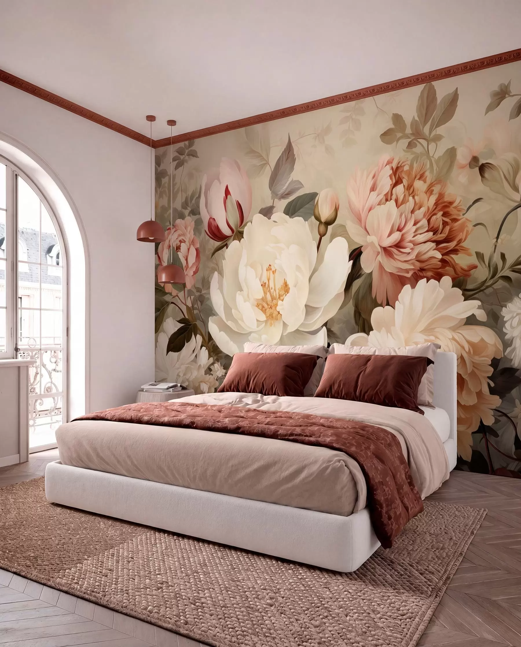 peintures murales Douces pivoines et chrysanthèmes aux teintes pastel w09350