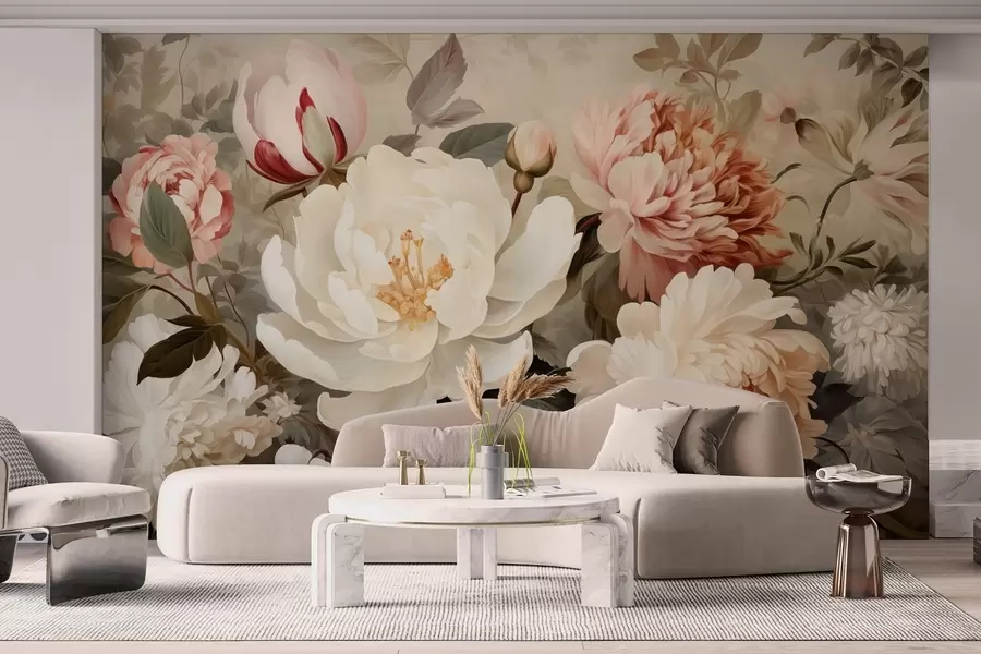 Wall Mural Photo Wallpaper Gentle peonies and chrysanthemums in pastel shades w09350