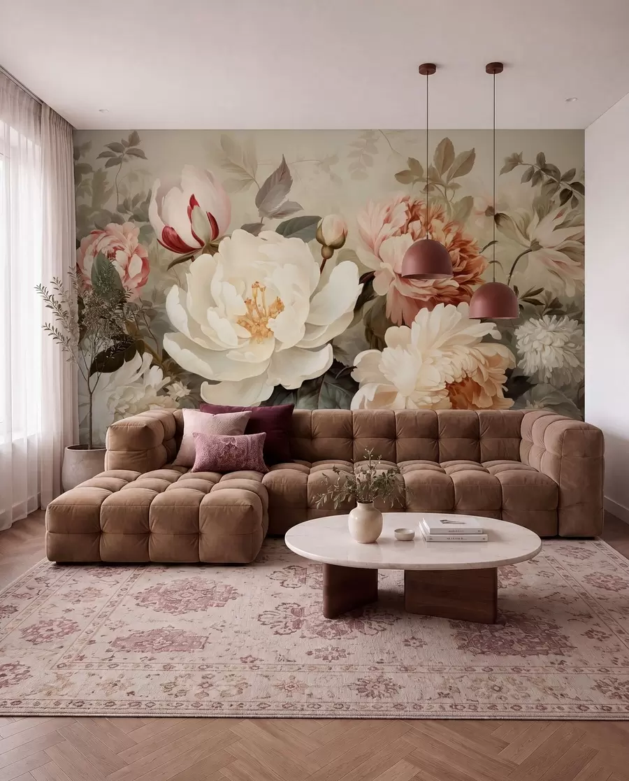Wall Mural Photo Wallpaper Gentle peonies and chrysanthemums in pastel shades w09350