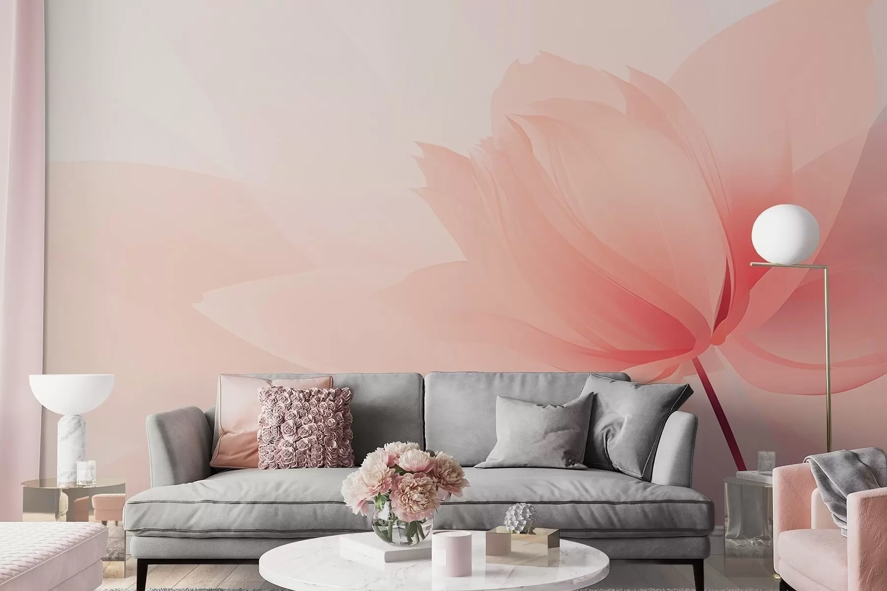 peintures murales Grande fleur aux tons doux de rose pêche w09356