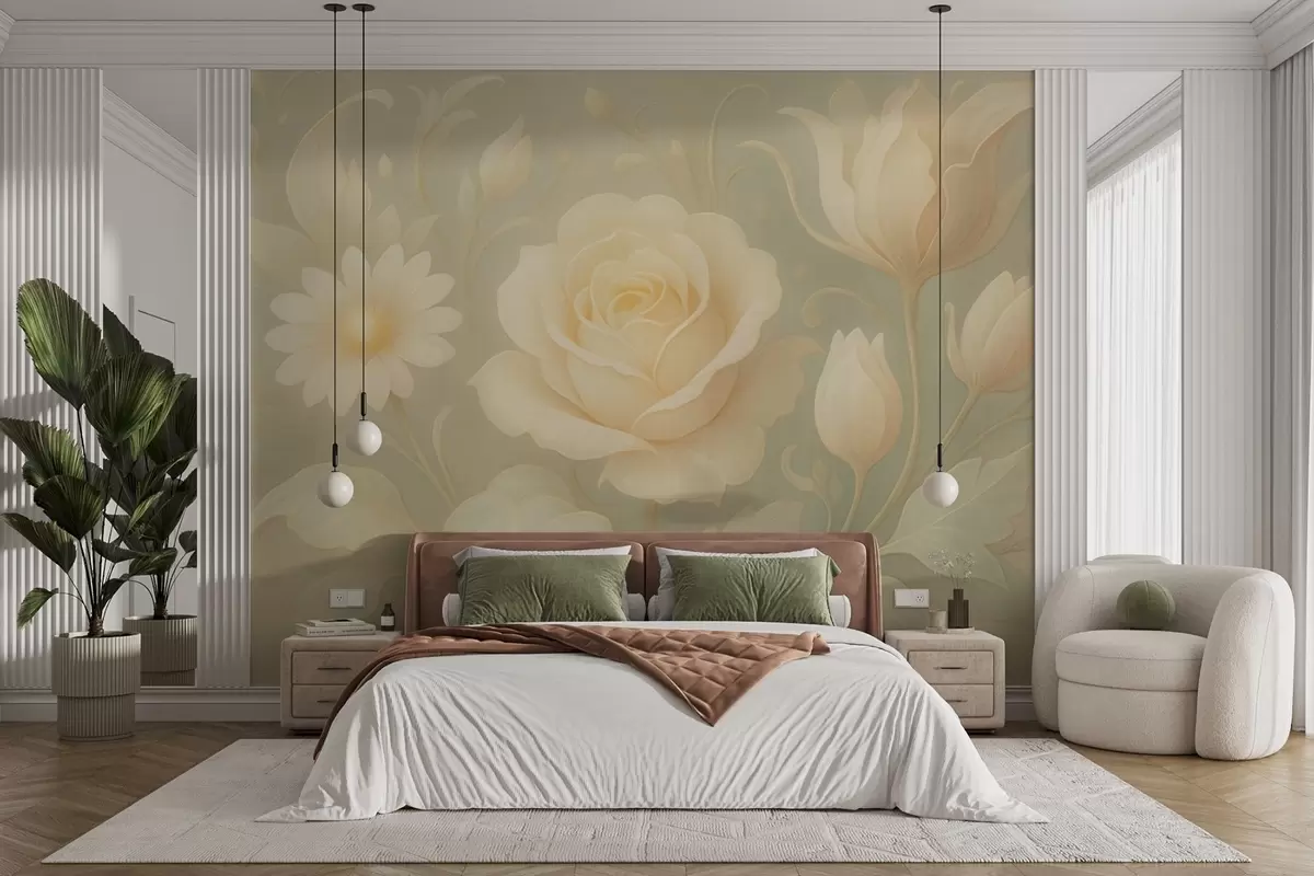murales Delicada composición vintage con rosas beige sobre fondo verde claro. w09499