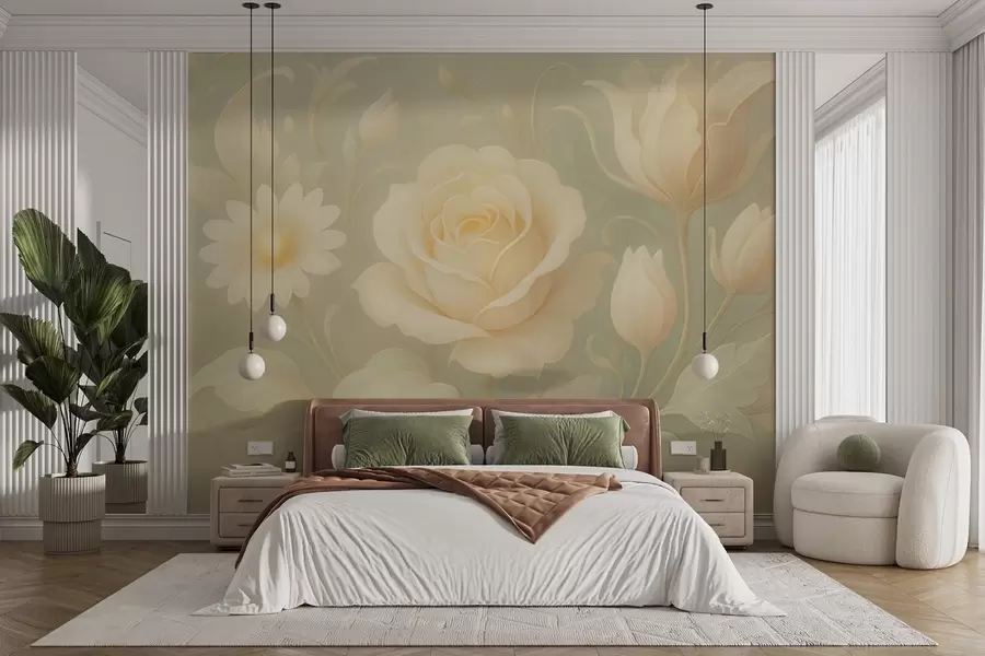 murales Delicada composición vintage con rosas beige sobre fondo verde claro. w09499
