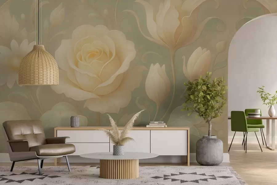 wall murals Delicate vintage composition with beige roses on a light green background w09499