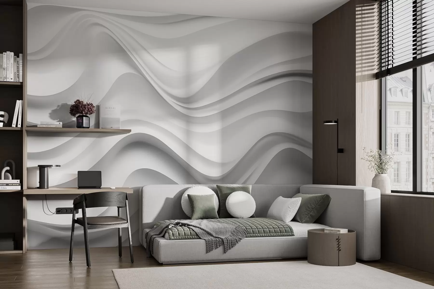 Wall Mural Photo Wallpaper Black-and-white abstract 3D composition with smooth waves w09506