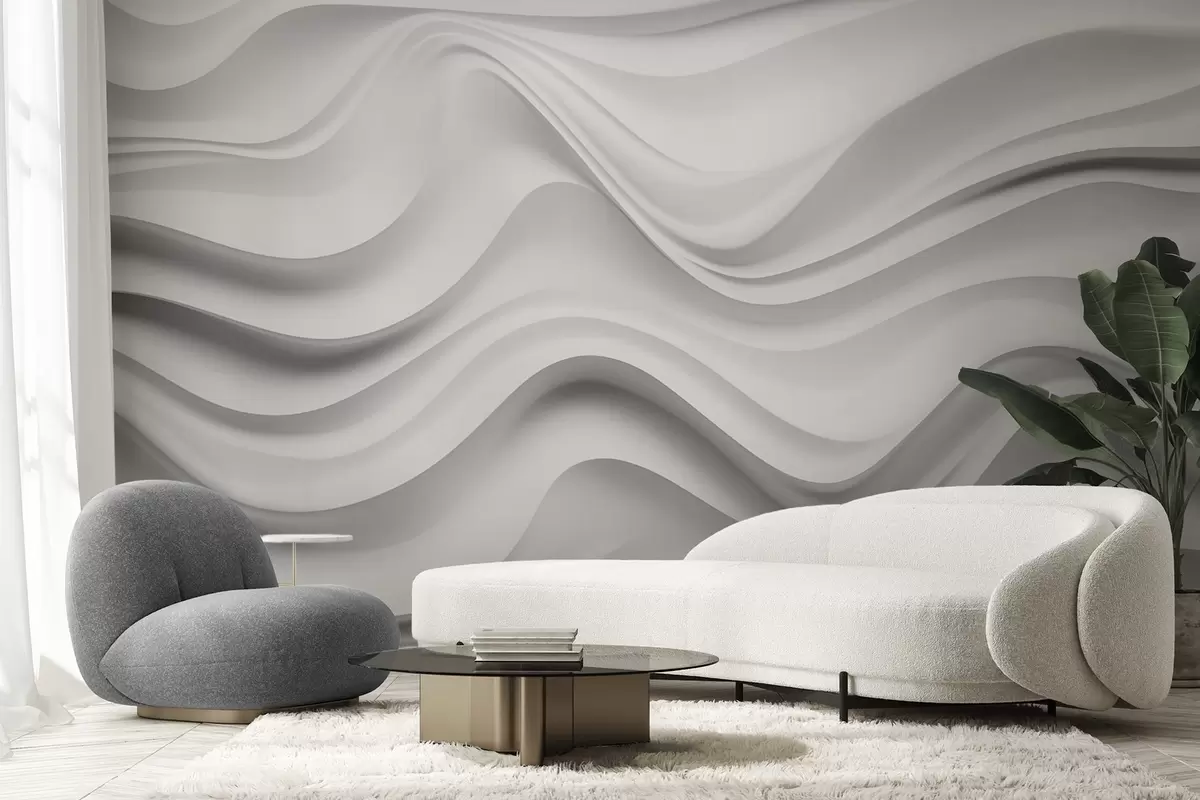 wall murals Black-and-white abstract 3D composition with smooth waves w09506
