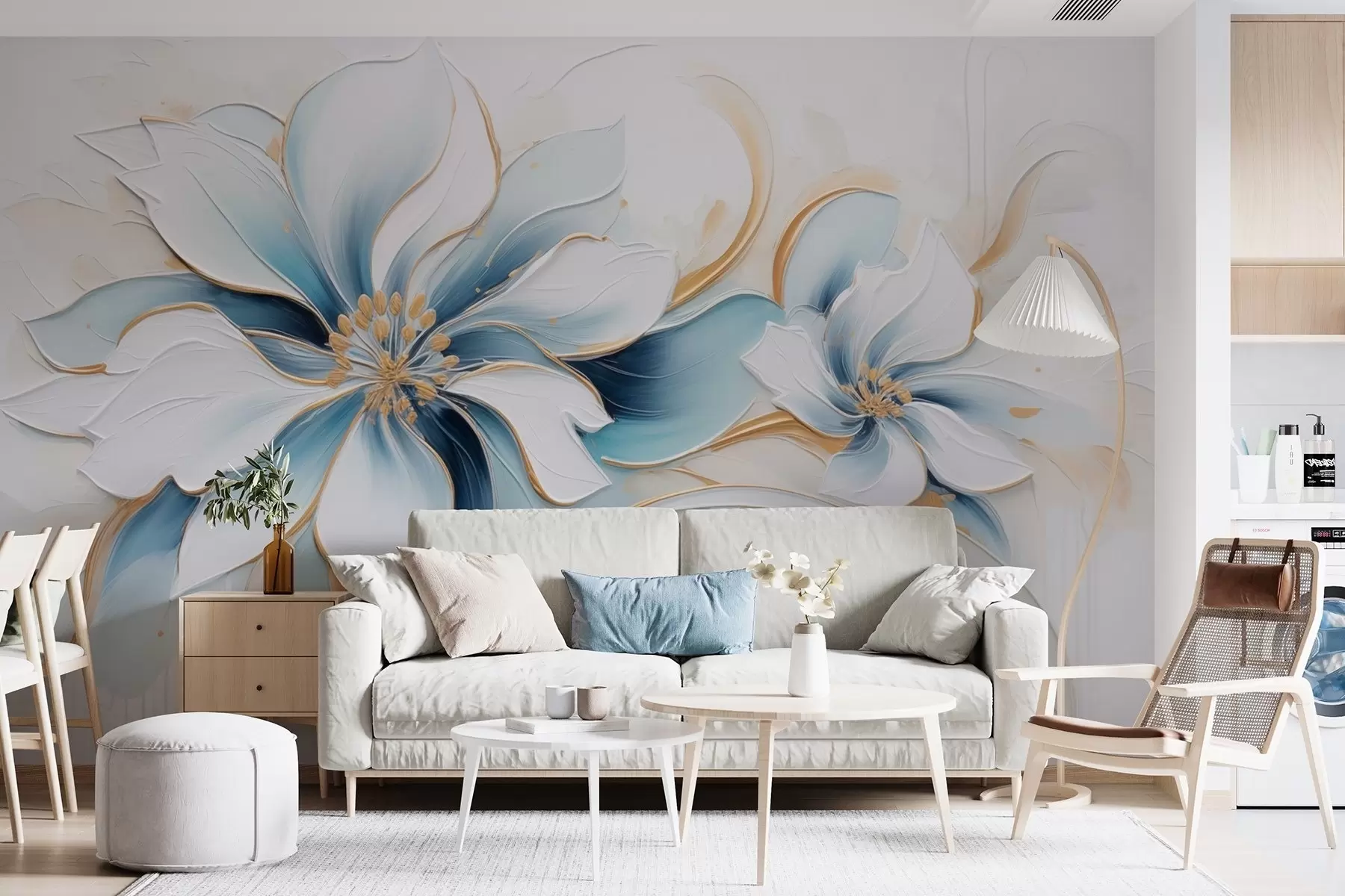 Wall Mural Photo Wallpaper Painterly abstraction with blue flowers in oil painting style w09524