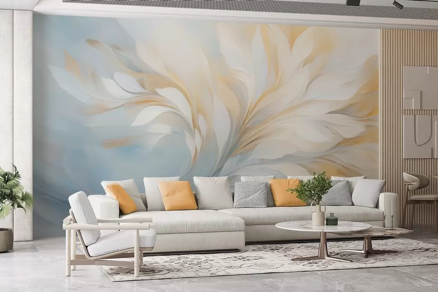 Wall Mural Photo Wallpaper Abstract composition of smooth feather-like forms in yellow and blue tones w09525