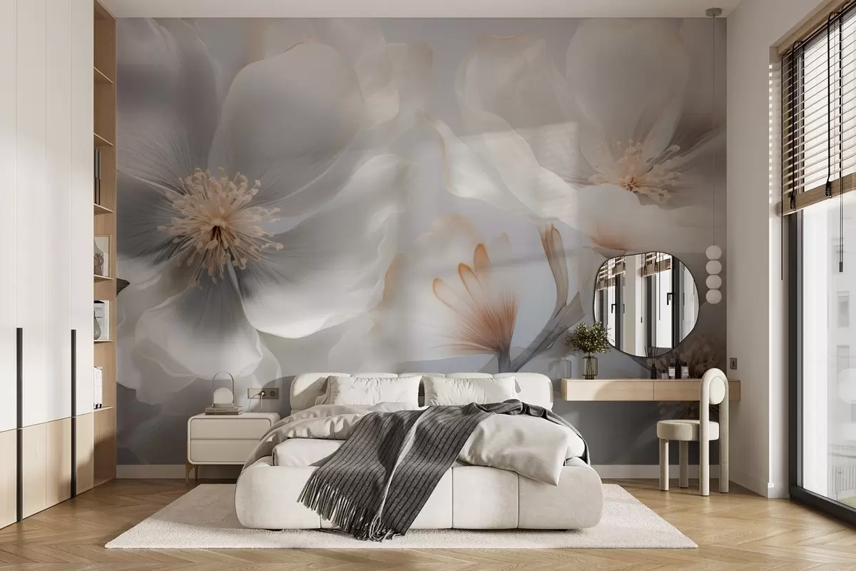 Wall Mural Photo Wallpaper Pearlescent flowers in beige-gray and milky-cream hues w09527