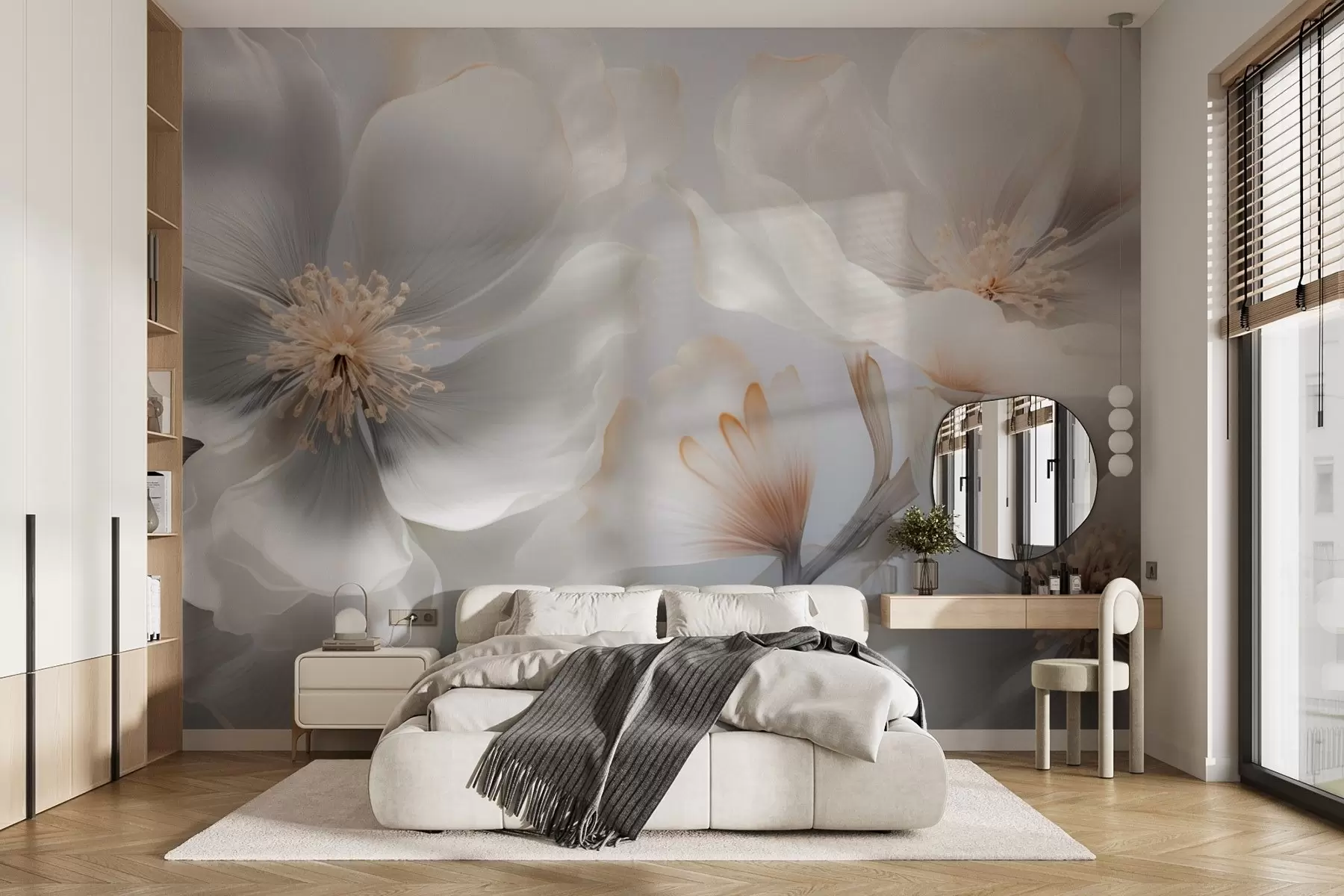 wall murals Pearlescent flowers in beige-gray and milky-cream hues w09527