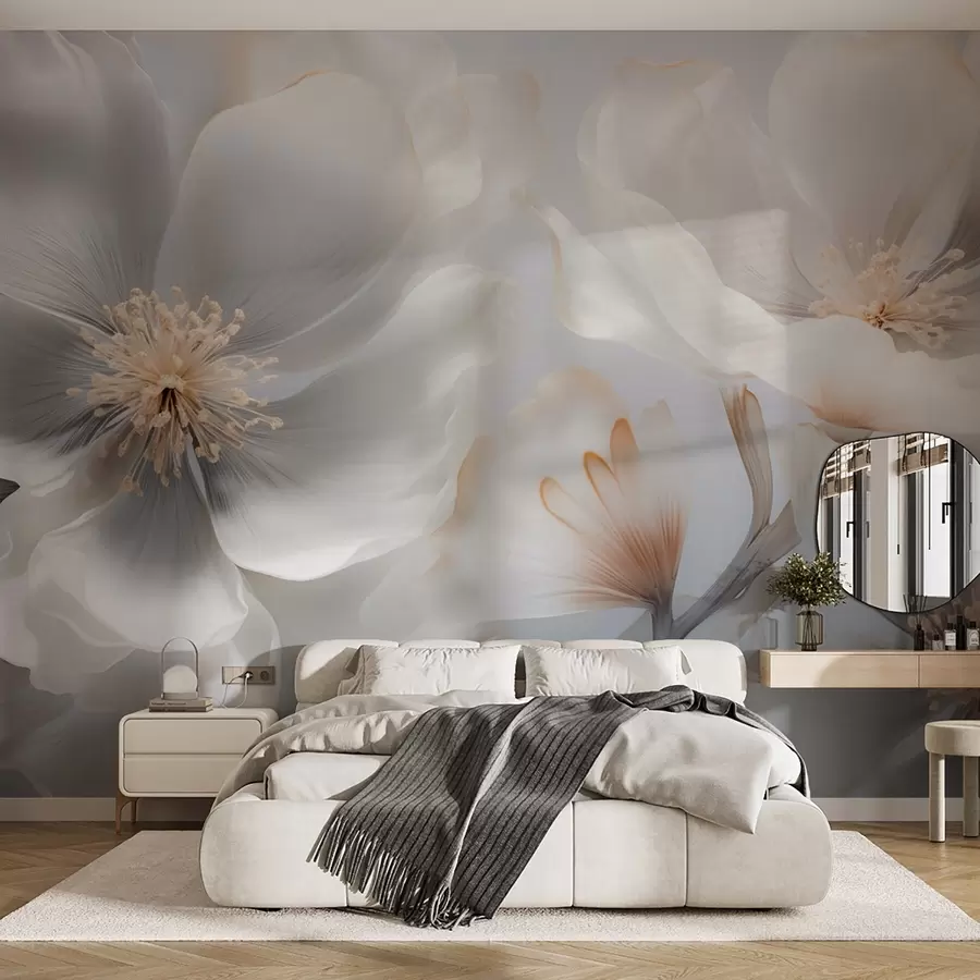 peintures murales Fleurs nacrées dans des tons beige-gris et crème laiteux w09527