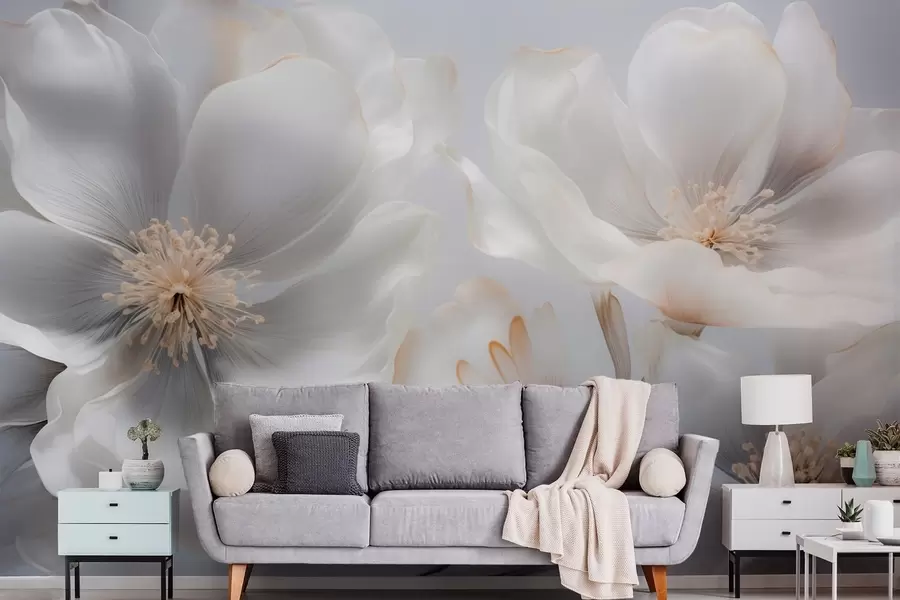 Wall Mural Photo Wallpaper Pearlescent flowers in beige-gray and milky-cream hues w09527