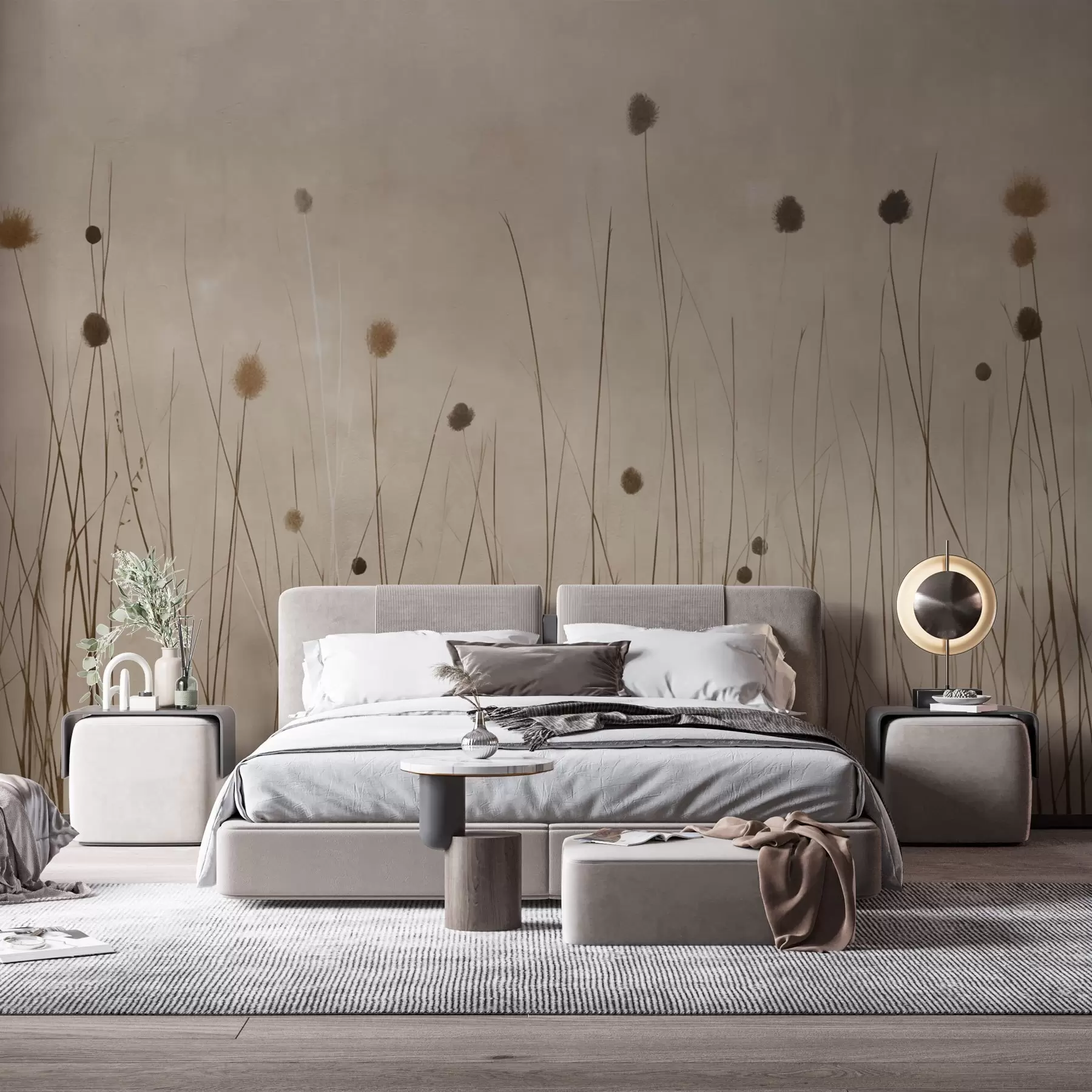 wall murals Thin grasses and fluffy seed heads on a warm beige background w04793